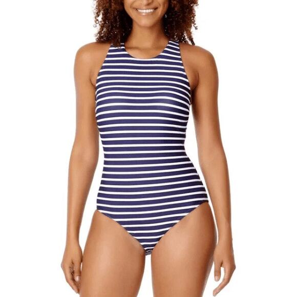 NWT Lands End Hook Loop  Full Coverage Blue White Striped One Piece Swimsuit XXL - Picture 1 of 6